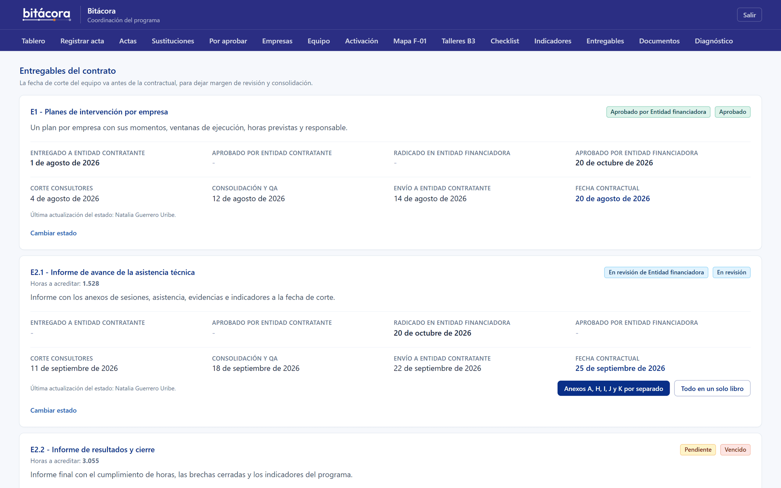 Pantalla de entregables del contrato en Bitácora con el estado de cada entregable y la descarga de sus anexos.