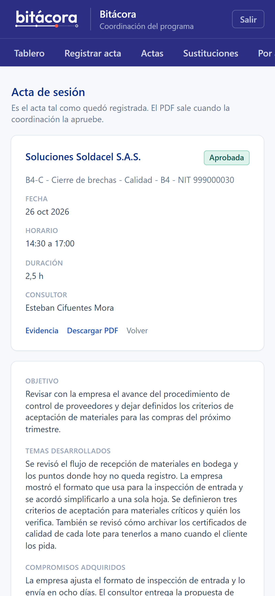 La misma acta de sesión vista en el navegador de un celular.